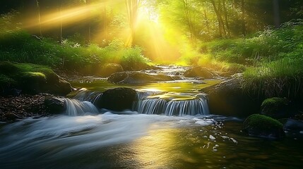 Sunbeams illuminate a serene forest stream flowing over mossy rocks.