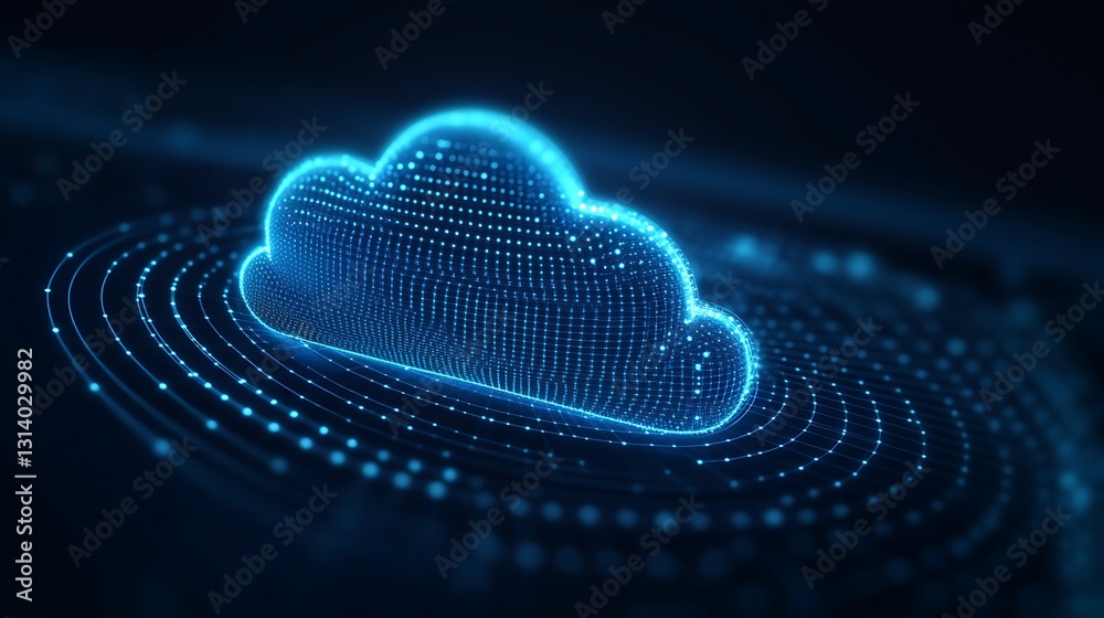 Poster digital cloud computing concept with bright dot patterns and futuristic elements in dark background