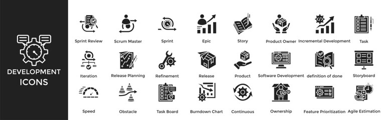 Development icon set. Containing Sprint Review, Scrum Master, Sprint, Epic, Story