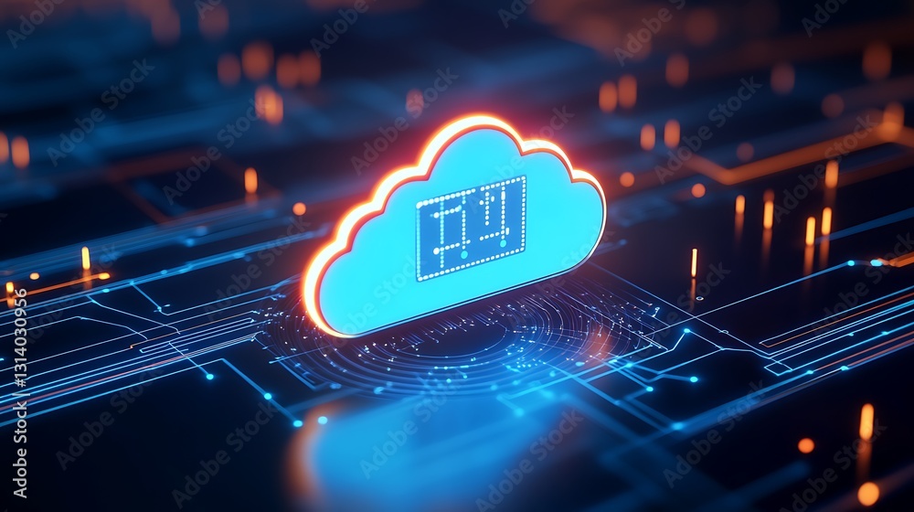 Sticker digital cloud computing concept with neon glow on circuit board background in technology illustratio