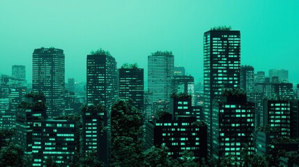 Obraz premium Futuristic Eco-Friendly City with Lush Green Rooftops at Dusk