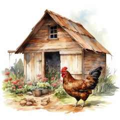 Watercolor Painting of a Rustic Wooden Shed with a Rooster and Vibrant Flowers