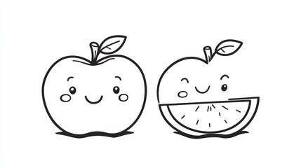 Cute cartoon apples, kawaii fruit, coloring page, simple design, printable
