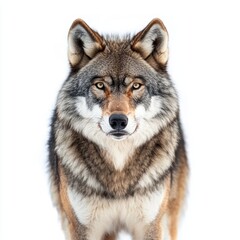 Obraz premium Wolf is standing in front of a white background. The wolf has a brown and gray coat and a brown nose