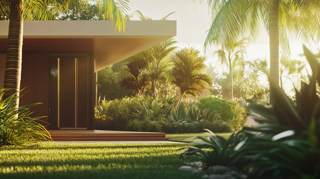 Modern tropical villa surrounded by lush greenery, embodying serene harmony with nature.