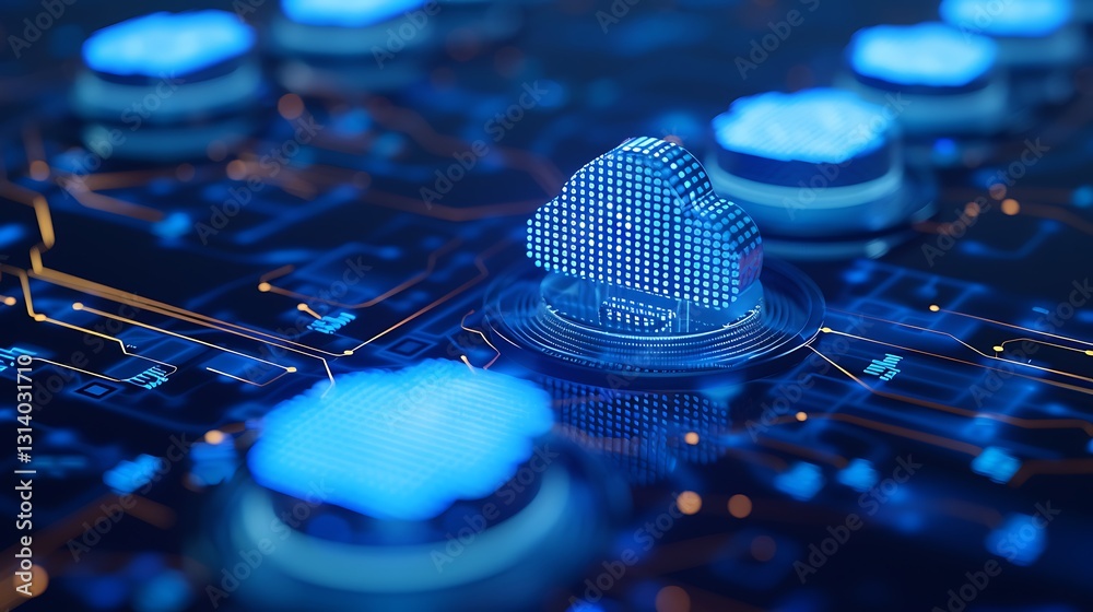 Poster digital cloud computing network with blue circuit design and cloud icons on a dark background