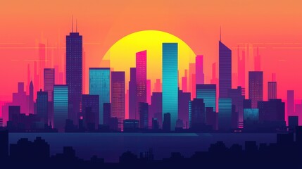 Fototapeta premium Vibrant City Skyline at Sunset with Retro Color Palette