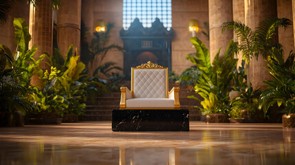 An ornate royal chair sits in a grand opulent hall