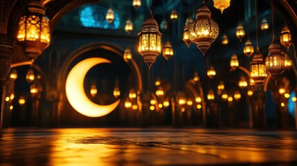 Illuminated lanterns and moon decoration creating a festive and inviting atmosphere