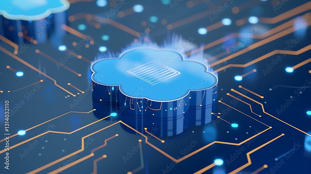 Poster digital cloud computing technology illustration with circuit pattern and data storage concept