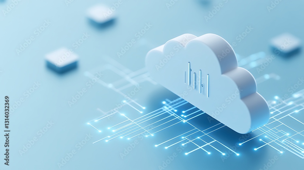 Poster digital cloud computing with data analytics and futuristic network design over blue background