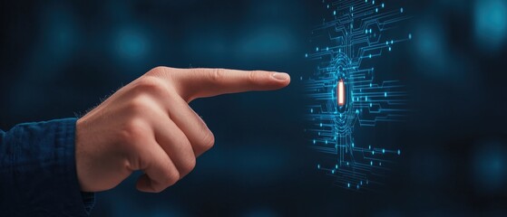 A hand reaches out to touch a digital interface, symbolizing interaction with technology and data in a futuristic setting.