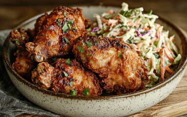 Crispy Fried Chicken and Coleslaw on Rustic Wooden Table
