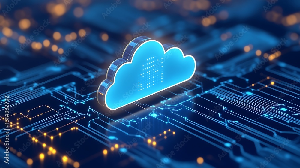 Wall mural digital cloud icon glowing on circuit board background with data connections and technology elements