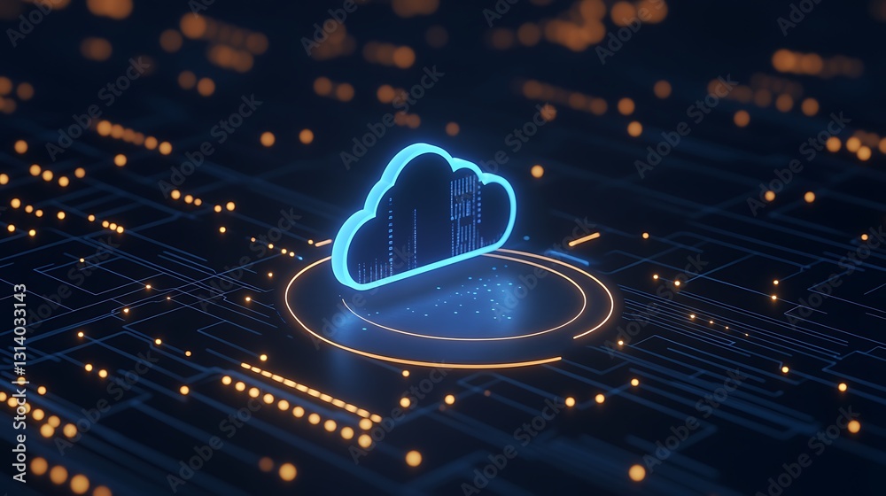Poster digital cloud icon over circuit board pattern with futuristic glow and data flow elements in dark ba