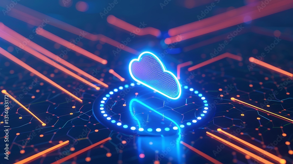 Poster digital cloud icon surrounded by abstract neon circuits on futuristic background