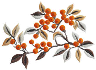 Vibrant orange berries embroidery art creative studio textile design indoor space close-up nature inspired