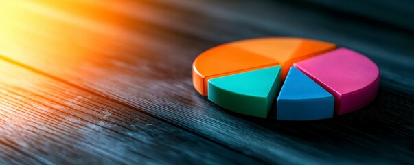 Bright Pie Chart Segments on Wooden Surface Analyzing Market Share and Business Data Presentation