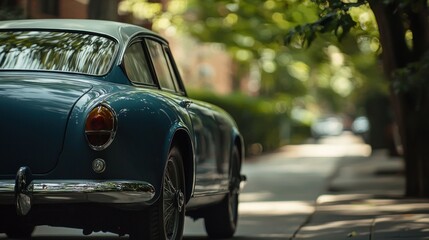 Fototapeta premium Classic blue coupe parked on a tree-lined street.