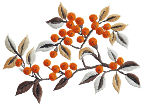 Vibrant orange berries embroidery art creative studio textile design indoor space close-up nature inspired