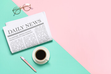 Newspaper, eyeglasses, cup of coffee and pen on colorful background. Top view