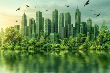Obraz premium Green city skyline reflected on water with birds flying in the sky at sunrise