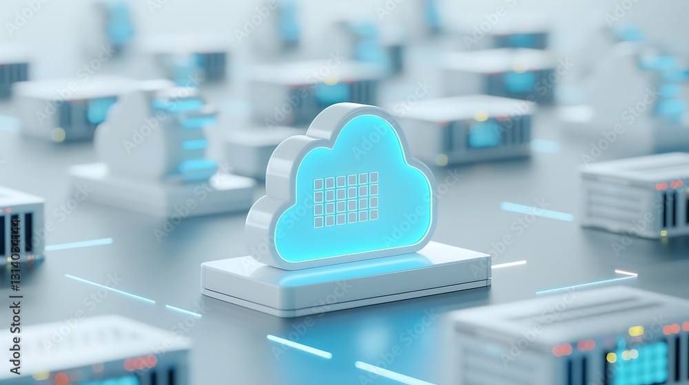 Poster digital cloud storage concept with 3d cloud symbol in a virtual server environment