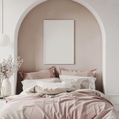 A white poster mockup in a minimal bedroom with soft pink tones. featuring a bed with fluffy pillows and a bedside table