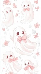 adorable kawaii ghosts adorned with pink bows and flowers, floating playfully against a white background,