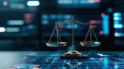 Golden Justice Scale On Table Against Digital Data Screen In Dark Blue Atmosphere