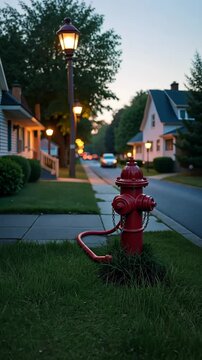 A red fire hydrant is on the sidewalk. It is chained to the ground. The hydrant is in front of a house