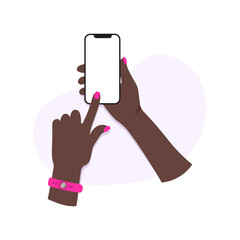 Hands texting on mobile phone screen mockup. Two thumbs on smartphone. Flat vector illustration