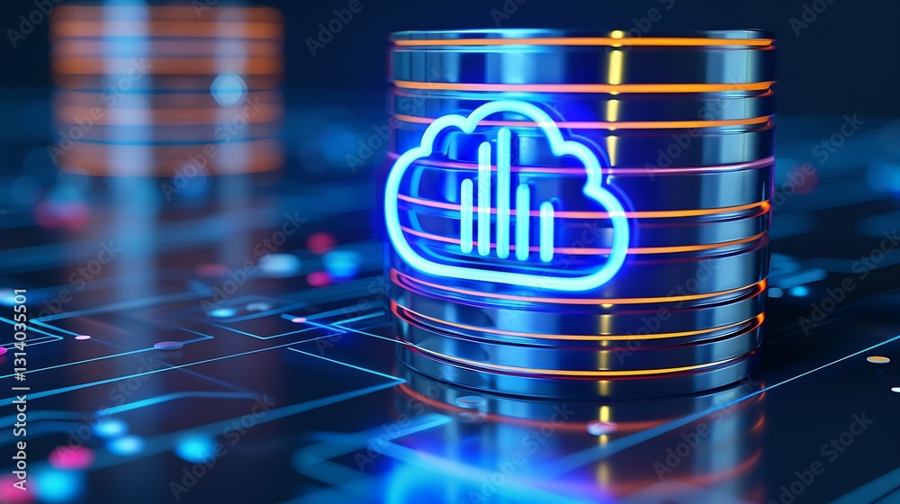 Poster digital cloud storage representation with futuristic data processing design and glowing neon element