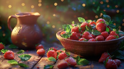 Fresh strawberries in rustic bowl with pitcher.