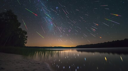 Night sky with colorful meteor shower over calm lake reflecting stars.