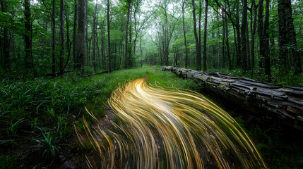 Fototapeta premium Magical Golden Light Trail Through A Lush Green Forest Illuminated By Sparkling Particles