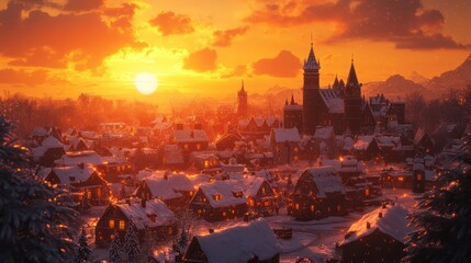 Naklejka premium Snowy Village Sunset: A Winter Wonderland