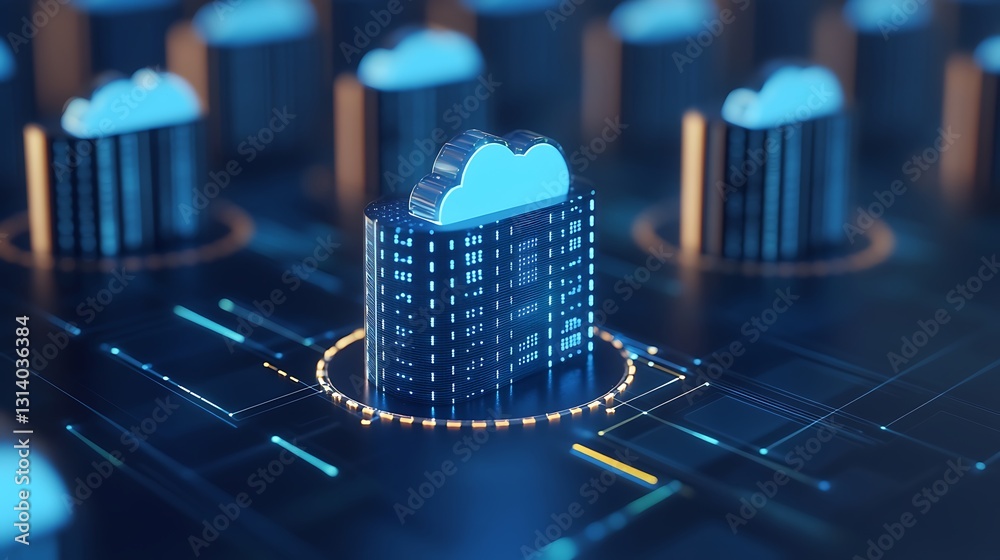 Poster digital cloud technology concept with cloud icons and futuristic building structures in cyber backgr