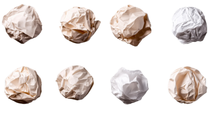 An assortment of crumpled paper balls, isolated against a transparent background, with varying degrees of crumpling.