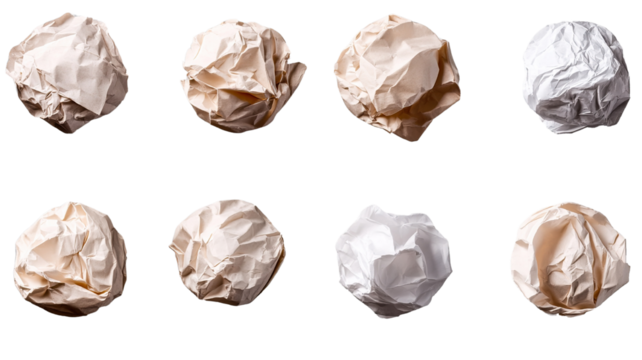 An assortment of crumpled paper balls, isolated against a transparent background, with varying degrees of crumpling.