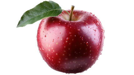 "Close-up of a red apple with a leaf, isolated against a transparent background
