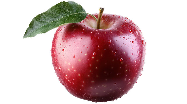 "Close-up of a red apple with a leaf, isolated against a transparent background