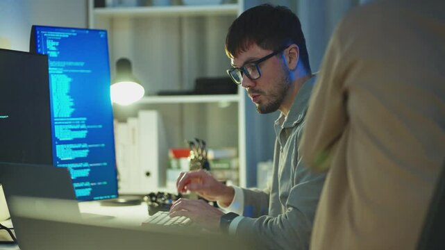 Programmers discuss ongoing projects online, leveraging their combined expertise to elevate software development practices at night time.