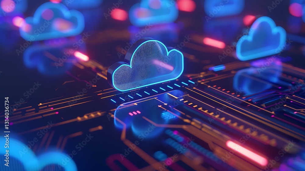 Poster digital cloud technology concept with neon glowing clouds on abstract circuit background