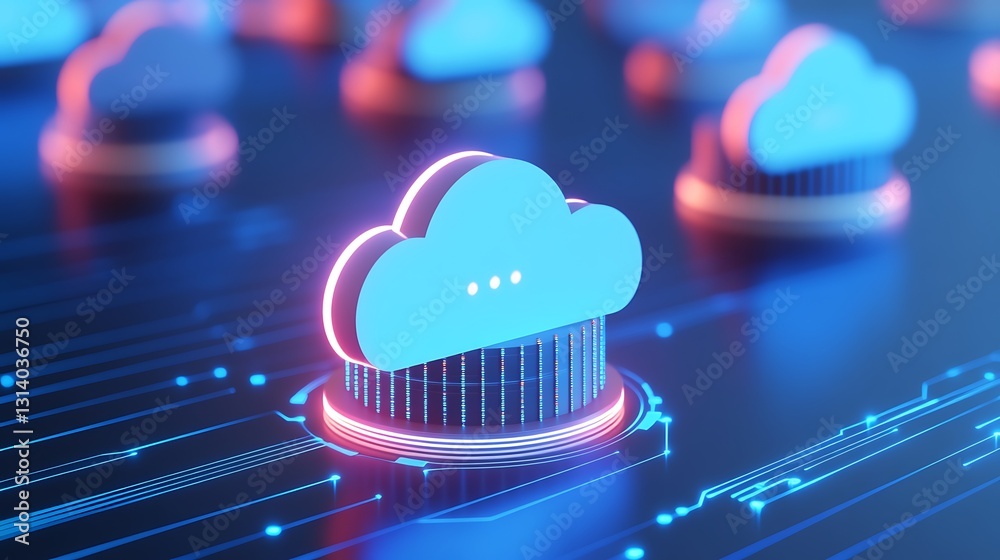 Poster digital cloud technology concept with neon lights and circuit patterns in modern data environment