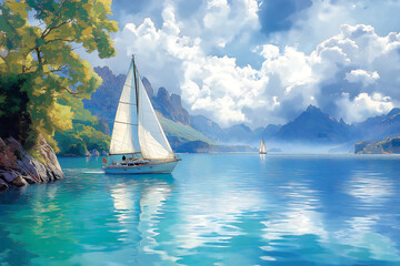 sailboat on water background, watercolor painting style, summer background, generative ai