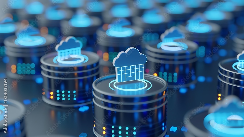 Poster digital cloud technology over data storage in modern server environment for business solutions and d