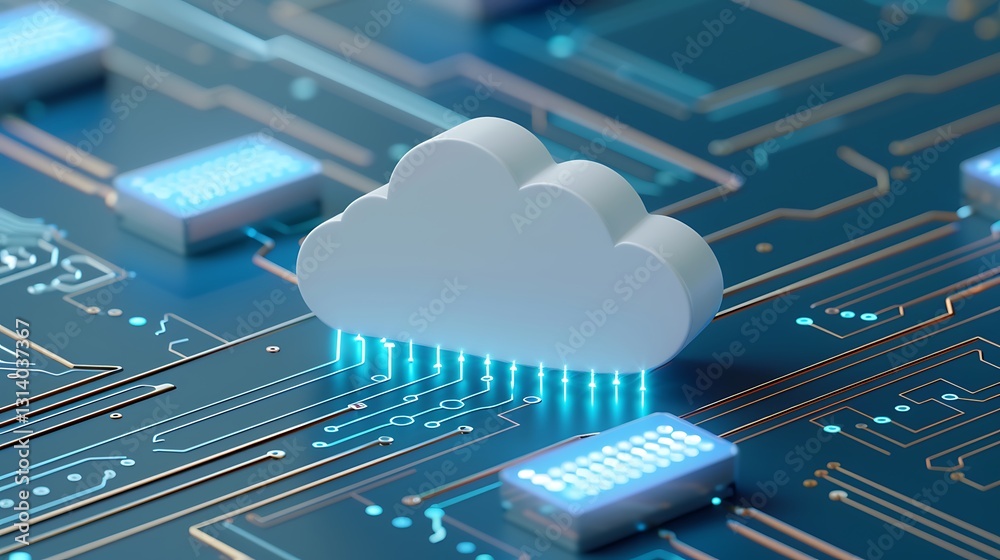 Poster digital cloud technology with circuit board design featuring connected data storage elements