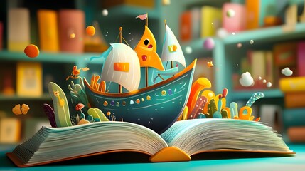 The Magical Voyage: A Ship Sailing from an Open Book in a Library
