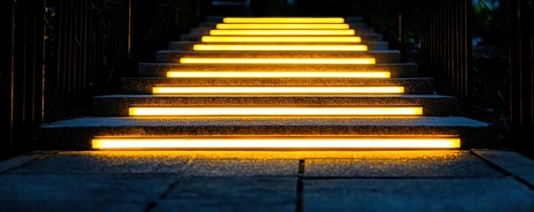 Illuminated stairway at night.  Warm yellow LED lights line each step, creating a dramatic and inviting pathway.